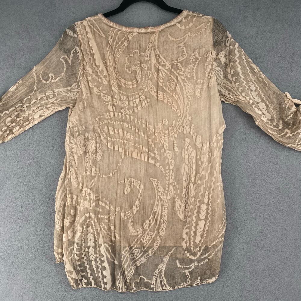 Scandal Italy Crepe Silk Womens Roll Sleeve Blouse S Tan Boho Floral Lagenlook - Picture 4 of 16